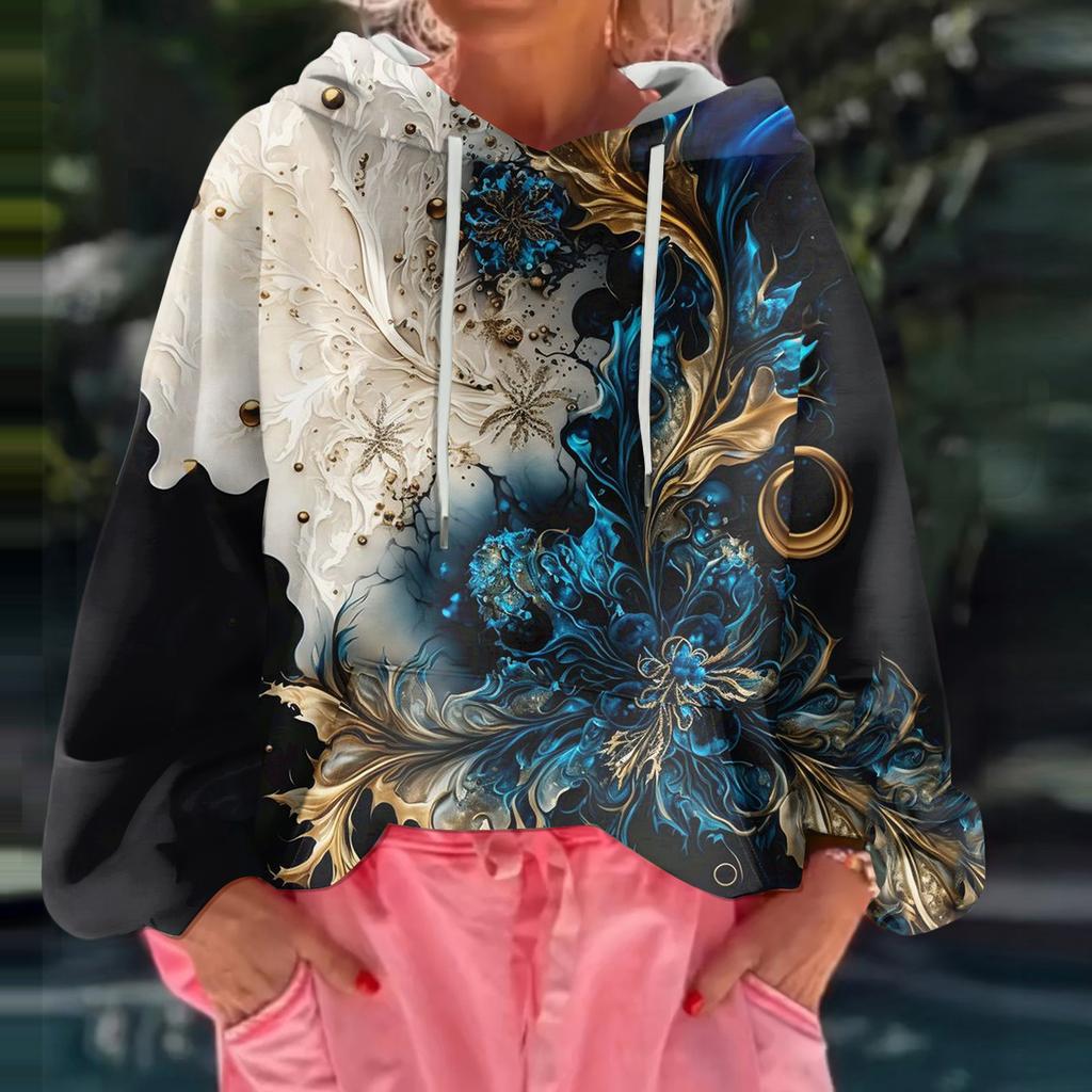 Women's Floral Print Loose Casual Long Sleeved Hooded Sweatshirt