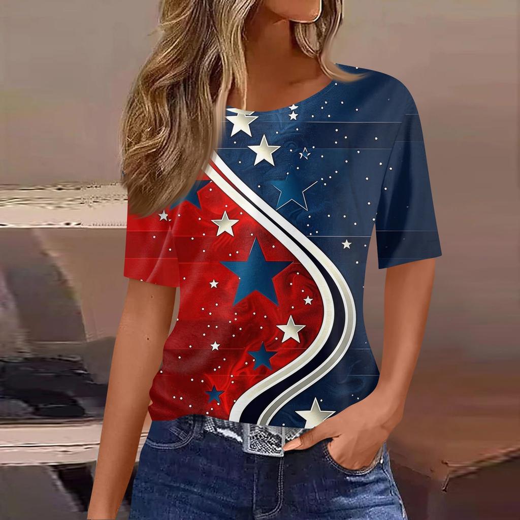 Women's Fashionable Casual Short Sleeve Print Round Neck Pullover Top