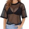 Fishnet Loose T-shirts Sexy O-neck Short Sleeve Hollow Out Black Cropped Tee Tops