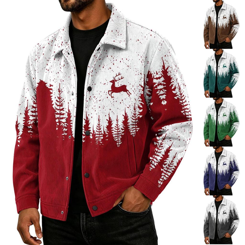 Men's Casual Long Sleeve Loose Fit Notched Lapel Jacket with Christmas Print for