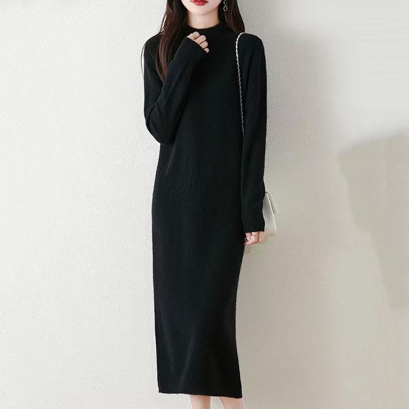 Women's Wool Knit Sweater Dress - Half High Neck, Over Knee, Loose Mid-Length Pullover for Autumn/Winter