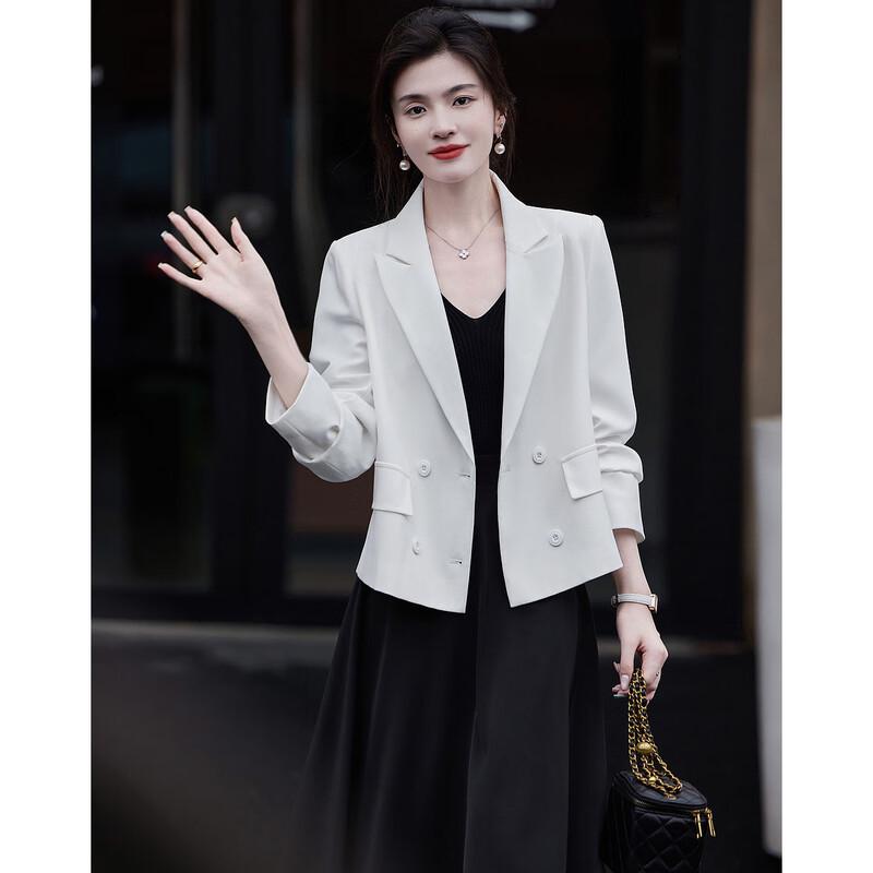 Demana CBD Chic Peaked Lapel Double-Breasted Short Blazer with Irregular Split