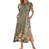 Ladies' Fashionable Summer Casual Pleated Sleeves, Loose Retro Floral Print, Short Sleeves, Round Tie, Pocket Beach Dress