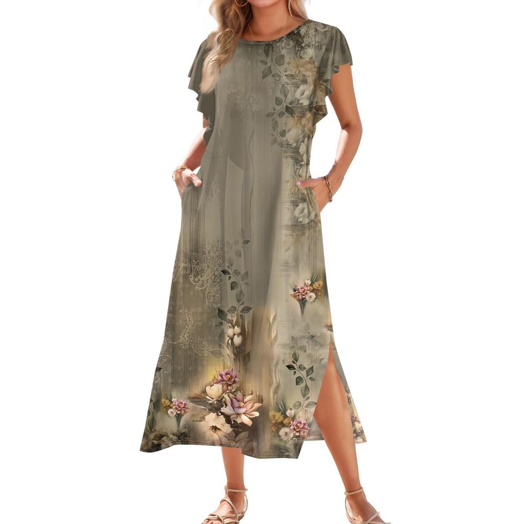 Ladies' Fashionable Summer Casual Pleated Sleeves, Loose Retro Floral Print, Short Sleeves, Round Tie, Pocket Beach Dress