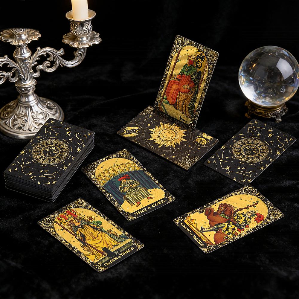 Non-Toxic Luxe Finish Divinative Tarot Cards Fantastic Board Game Golden Foil Card Set For Predictive With Wooden Card Stand