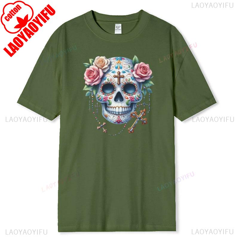 Skull Floral Print Unisex Graphic Tee for Music Lovers Streetwear Fashion Cotton Summer TShirt Short Sleeve Casual Breathable
