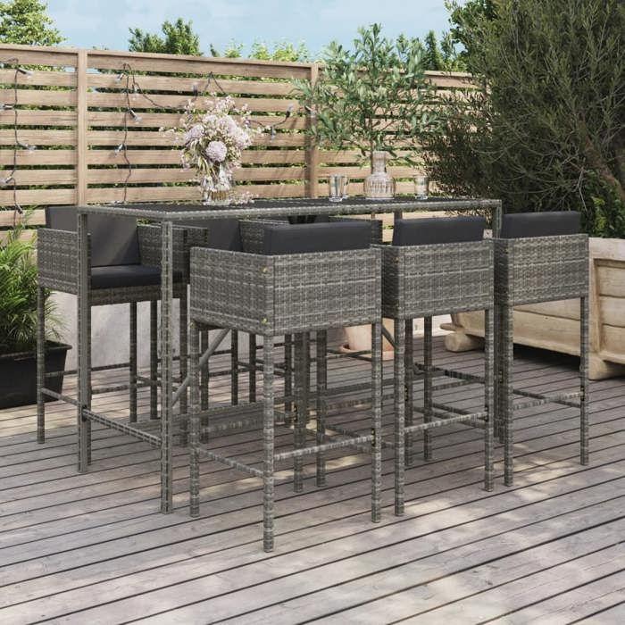 VidaXL Ensemble de bar de jardin 7 pcs avec coussins gris poly rotin, ensemble de table de bar, table et chaise de bar, 3200653