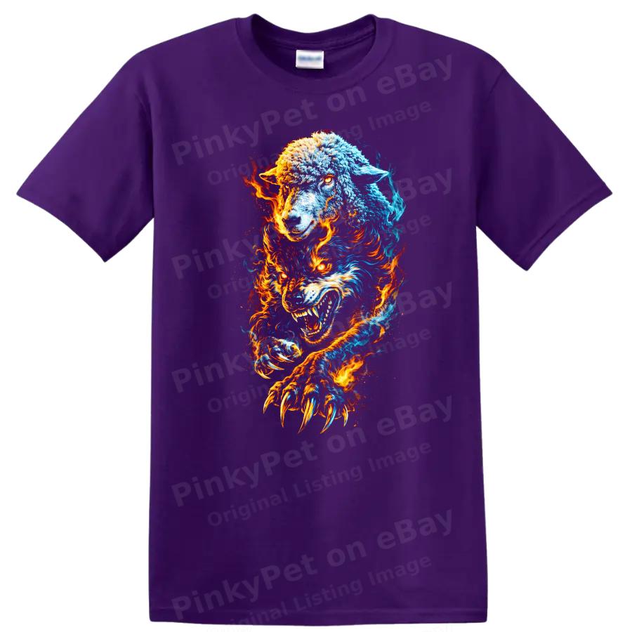 Wolf Sheep Fire Graphic T Shirt Unique Animal Art Cool Tee Design