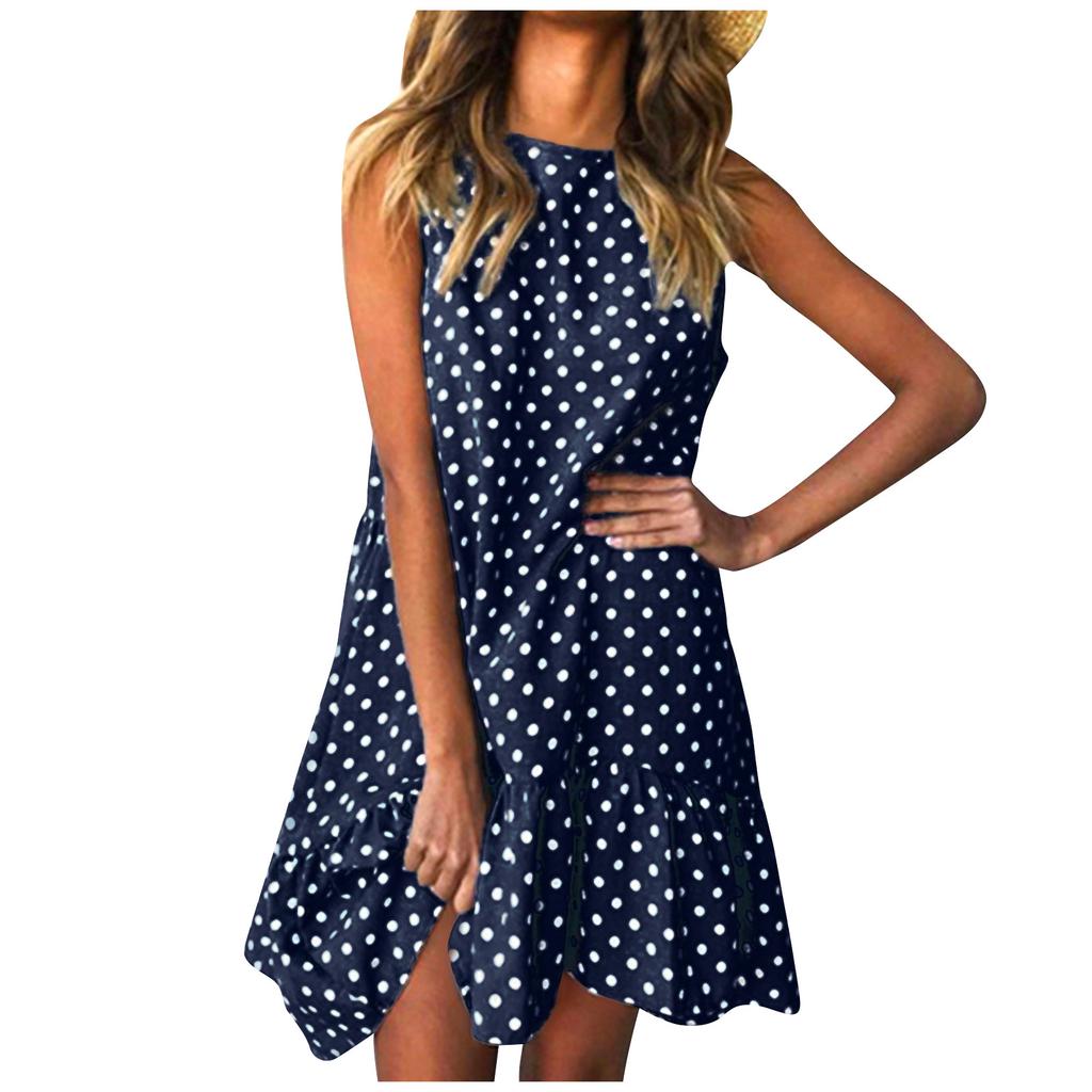 Fashion Women Sleeveless Polka Dot Loose Casual Ruffle Dress