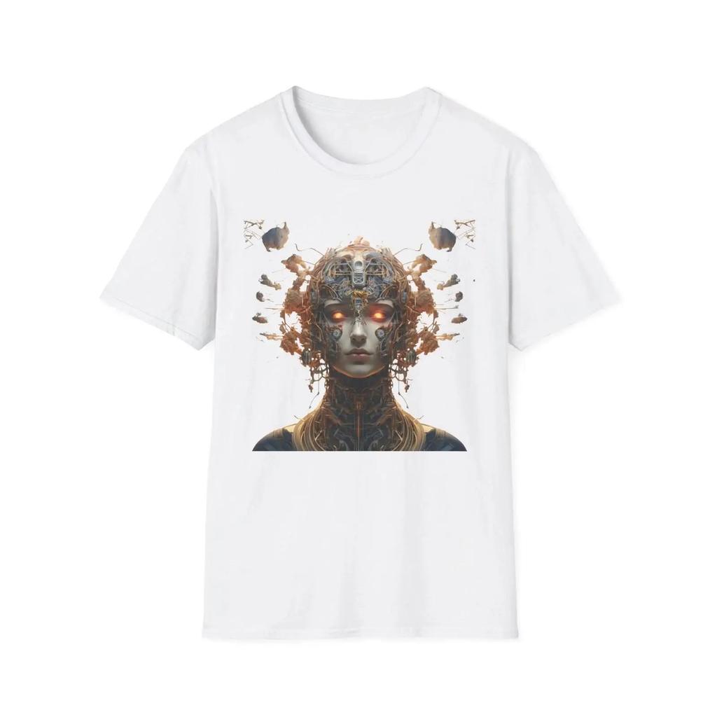 Cybernetic Goddess Portrait T Shirt Futuristic Sci Fi Art Vintage Washed Unisex Stylish Streetwear Stretched Soft Homme