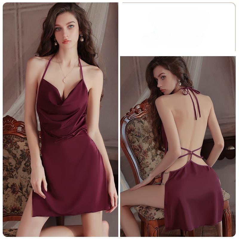

Women’s Sexy Ice Silk Sleep Dress Low-Cut Cowl Neck Backless Slip Nightdress XL фіолетовий