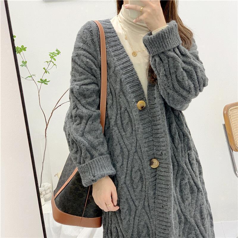 Autumn and Winter Long Sweater Women's Jackets Large Version of The Loose Windbreaker Long-sleeved Single-breasted Twisted Knitted Coat Cardigan