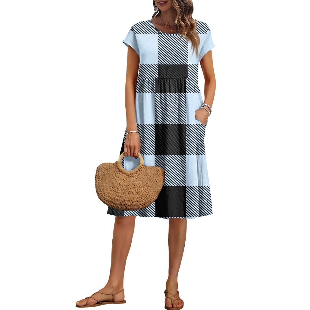 Women's Summer Fashion Casual Round Neck Short Sleeve Plaid Print Dress