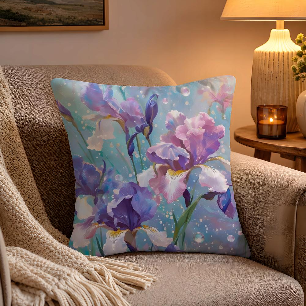 fashion Iris Pillow Case Soft Plush Cushion Cover Double Print and Invisible Zipper for Sofa Home Car Use