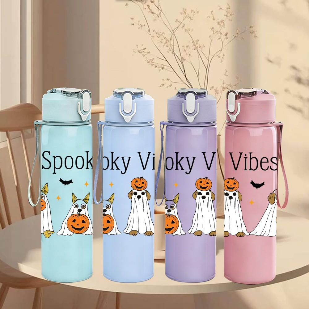 1PC Spooky Vibes Ghost Pumpkin 750ml Color Plastic Sports Water Bottle Leakproof Flip Straw Lid Suitable for Sports Office Home Use