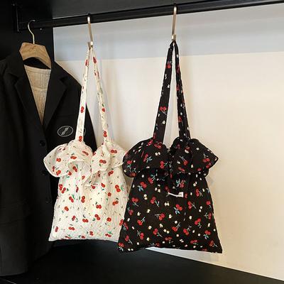 Spring and Summer New Mesh Cherry Floral Large-capacity Shoulder Bag Fairy Wind Chiffon Lotus Leaf Edge Portable Tote Bag