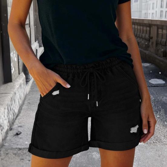 Jean Shorts for Women High Rise Roll Up Hem Straight Leg Distressed Denim Shorts Elastic Waist Drawstring Summer Ripped Hot Shorts with Pockets