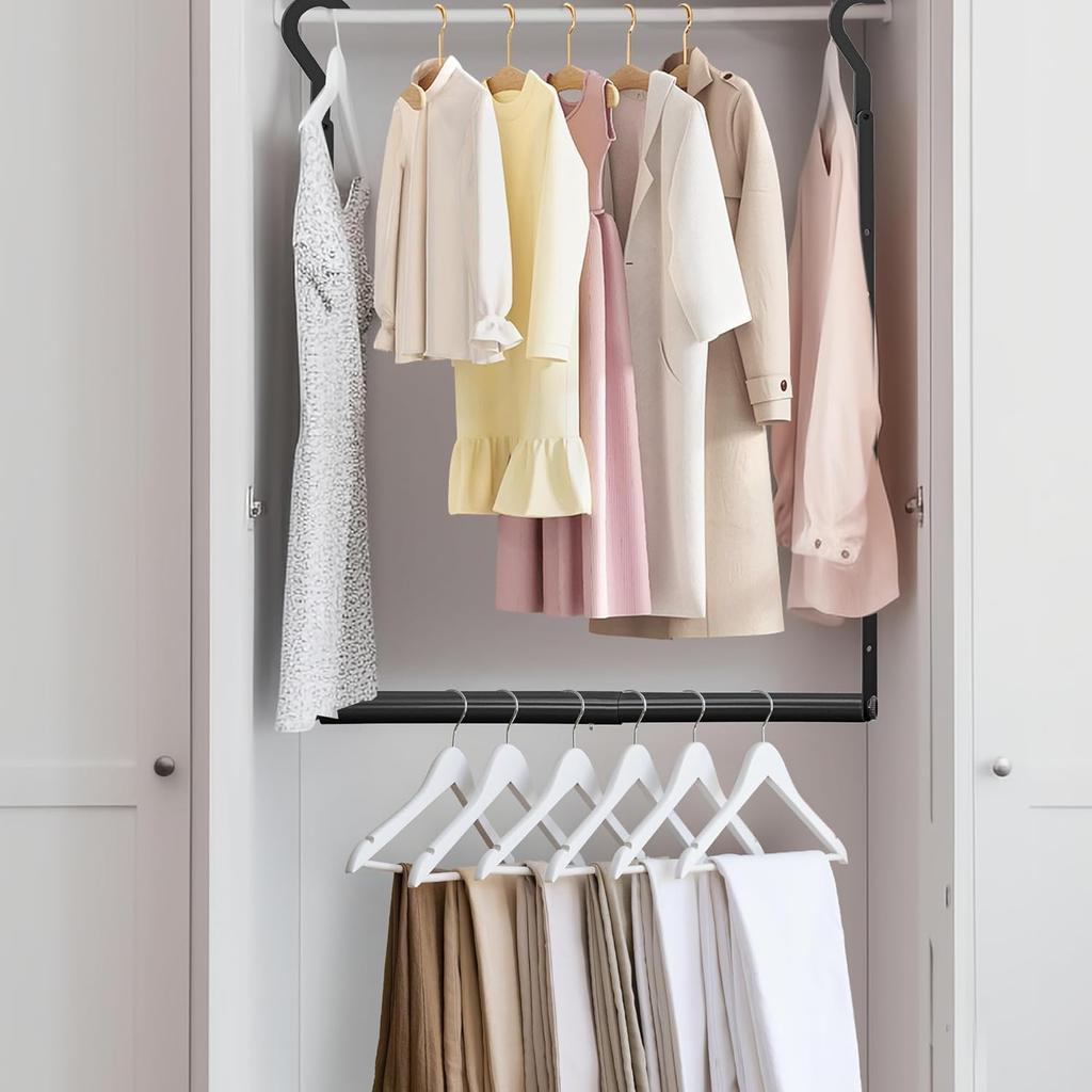 Hanging Closet Rod, 18-30In Heavy Duty Adjustable Width and Up to 38In Height Adjustable Closet Rod Extender, Double Closet Rod Hanging Bar,