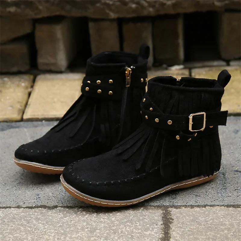 Fashion Botines Autumn Flat Heel Ankle Boots Retro Suede Tassel Women Boots Fashion Round Toe Soft Sole Short Boots Casual Women Shoes