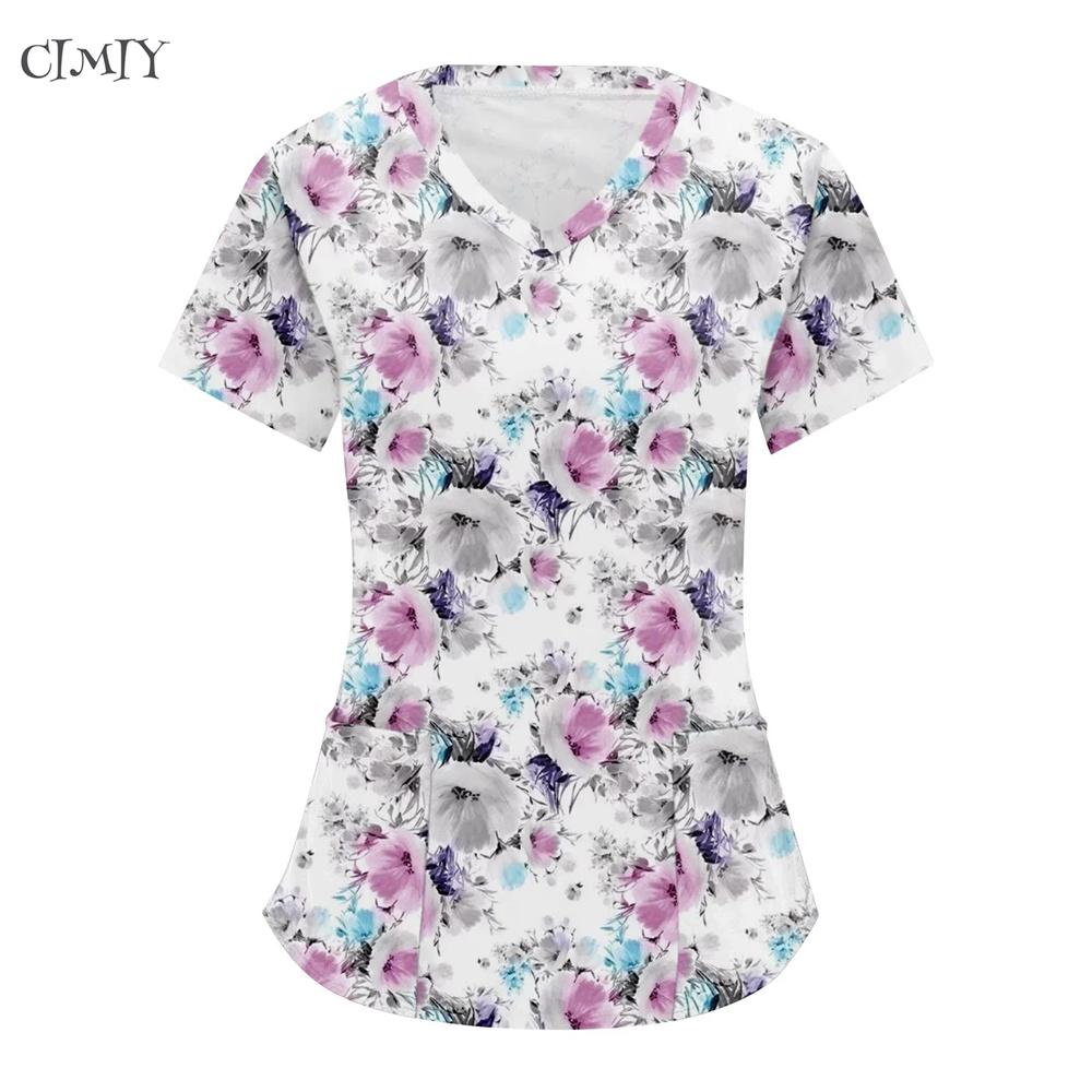 

Женские медсестринские хирургические костюмы с коротким рукавом Женская мягкая скраб-топ футболка с карманами Дышащая и простая в уходе ткань Медсестринские топы M