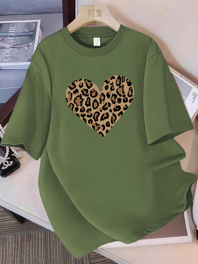Summer Cotton TShirts Women Simple Leopard Print Heart Printing T Shirt ONeck Comfortable Loose Tops Street Womans Clothes