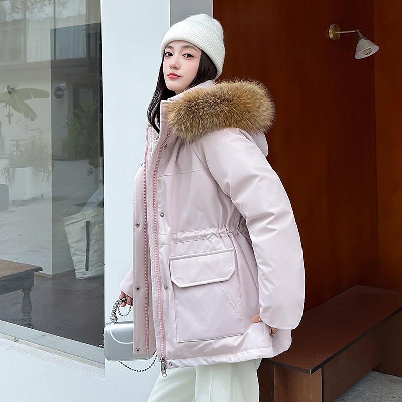 Offline supermarket orders women's pie to overcome extra thick cotton big fur collar hooded waist pumping process, solid workmanship, winter women'