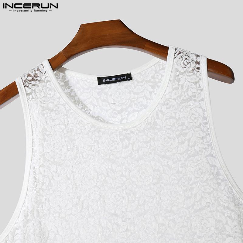 INCERUN Summer Men Sleeveless Lace See Through Mesh Sheer Loose Tank Tops