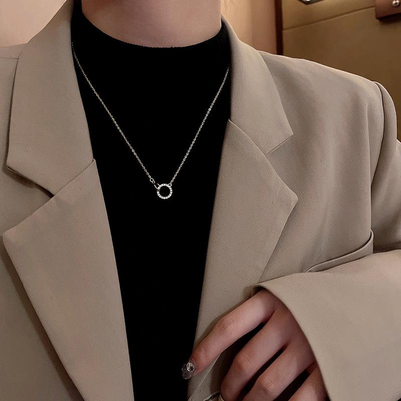 Luxus Mode Goldfarbe Edelstahl Zirkon Doppelring Anhänger Halsketten Für Frauen Charme Braut Halsband Party Schmuck Geschenk