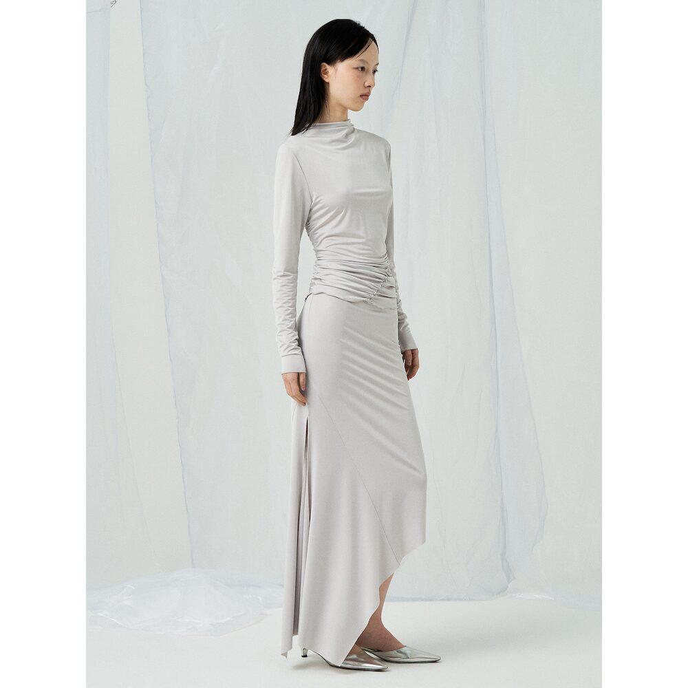 Anggae Light Jersey Unbalanced Long Skirt Silver