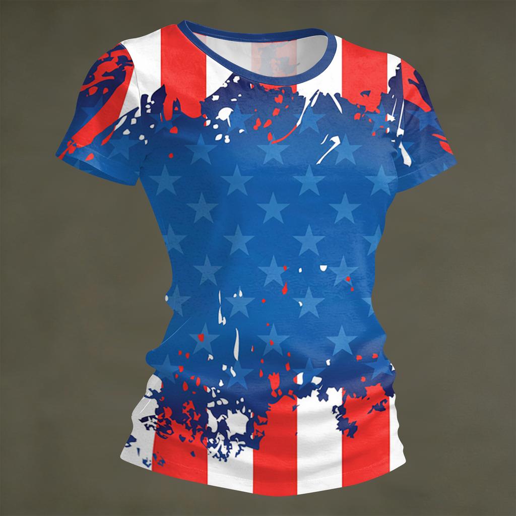 Women's Fashion Round Neck Independence Day Print Short Sleeve Loose Crewneck T-Shirt Top