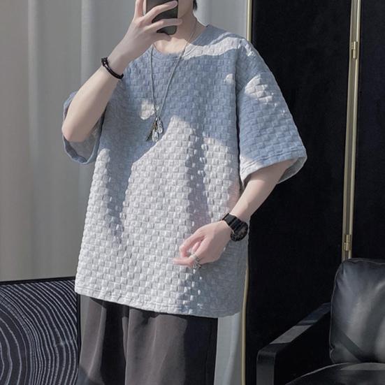 O-Neck Short Sleeve 3D Waffle Men T-shirt Summer Solid Color Simple Tee Shirt Streetwear