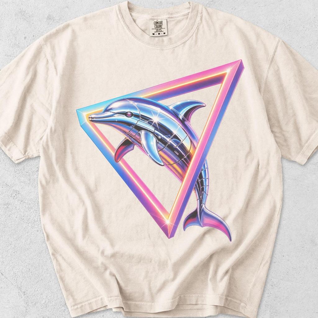 Chrome Dolphin Synthwave Graphic Tee, Neon Triangle Print, Comfort Colors Cotton