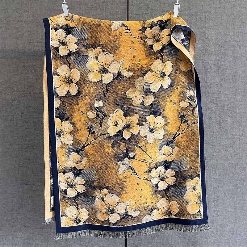 Winter Plum Blossom Pattern Tassel Scarf Mature Imitation Cashmere Shawl Autumn Cold Proof Windproof Scarf Poncho Stoles