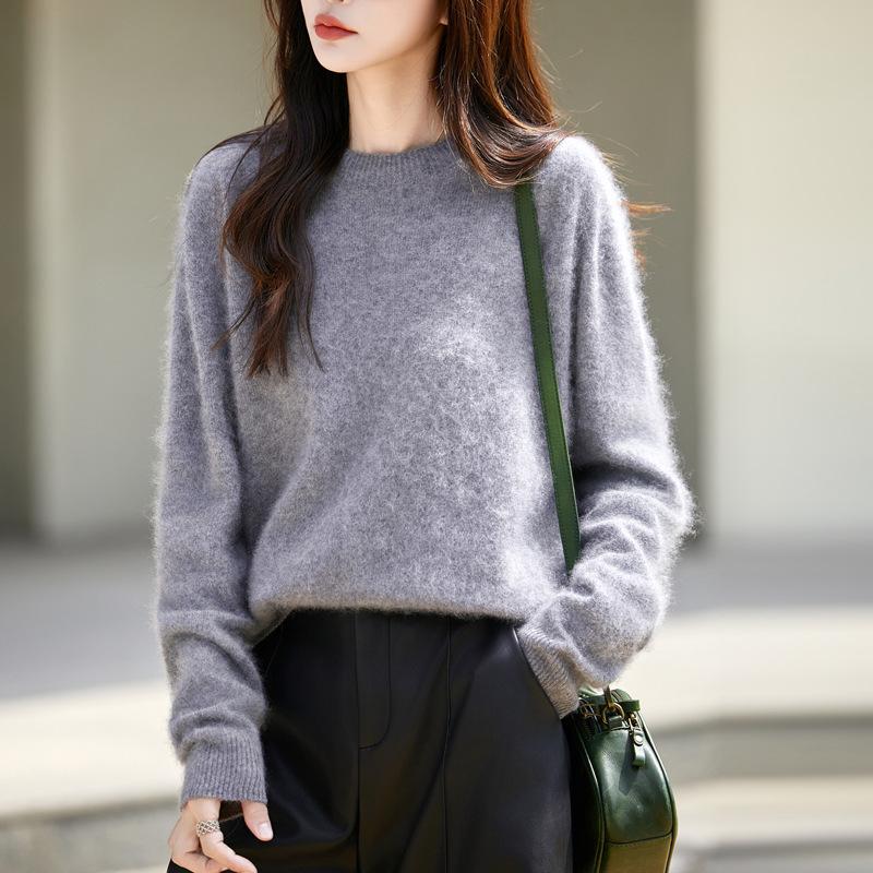 Women's Brushed Wool Round Neck Sweater - Autumn/Winter Cozy Cashmere Base Layer, Loose Fit, Lazy Style