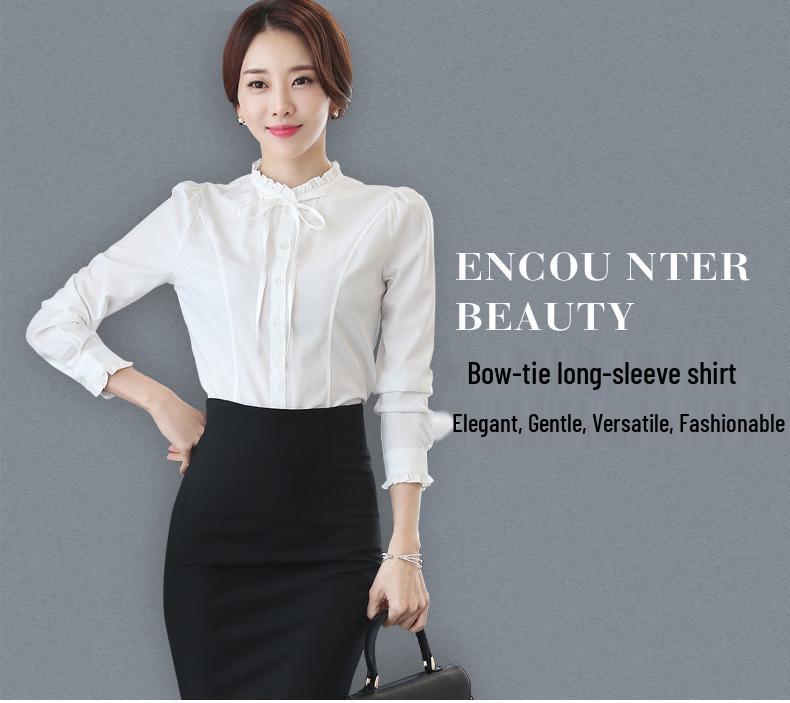 2023 Versatile Korean Style Women's Chiffon Blouse - Long Sleeve Slim Fit in White