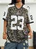 Sommer Street Hip-Hop Stil Sportlich V-Ausschnitt Kurzarm Leopardendruck Schriftzug Muster Locker Schnelltrocknend Damen Herren T-Shirt