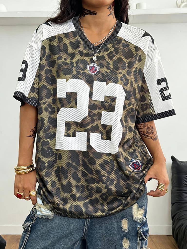 Sommer Street Hip-Hop Stil Sportlich V-Ausschnitt Kurzarm Leopardendruck Schriftzug Muster Locker Schnelltrocknend Damen Herren T-Shirt