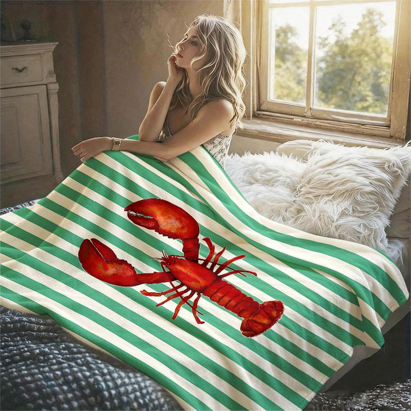 Striped Lobster Print Flannel Blanket Warm Soft Halloween Christmas Decorative Couch Warm Cozy All-Season Gift