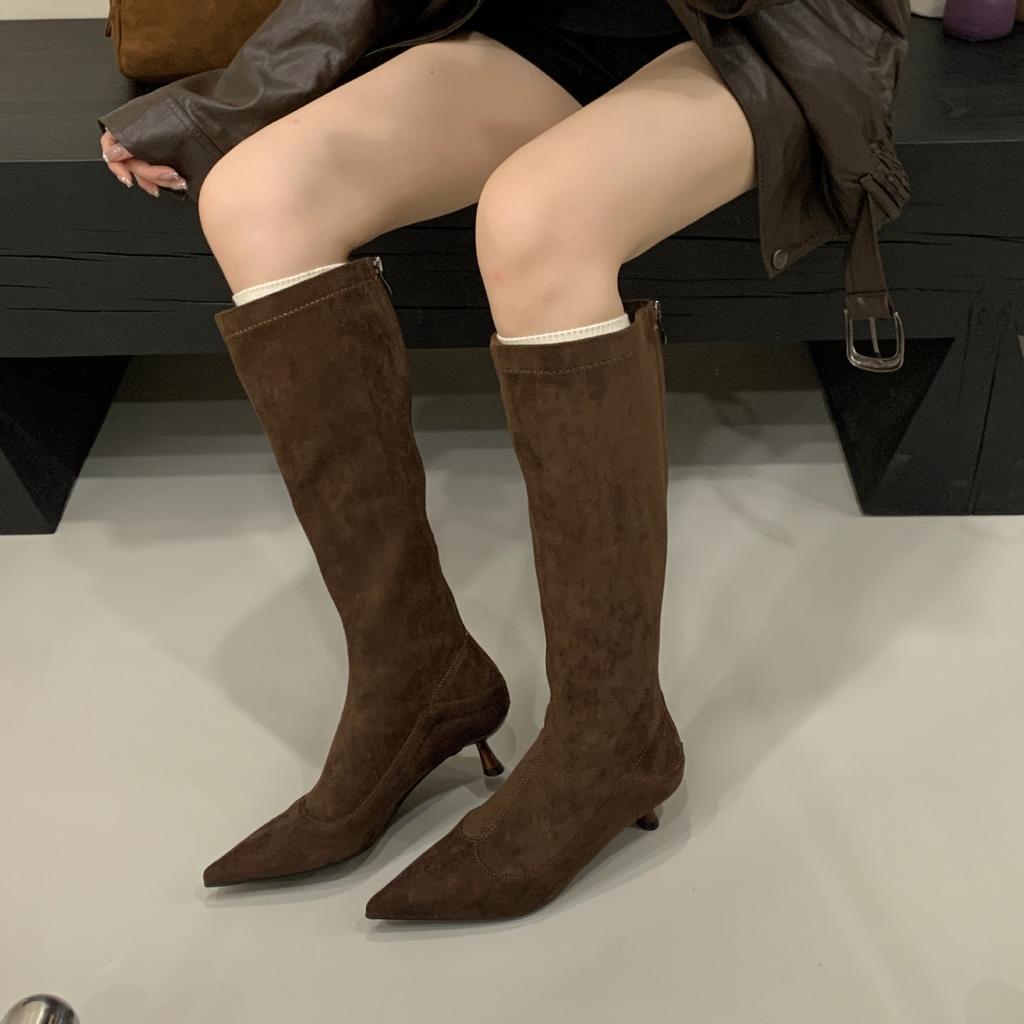 2025 New Autumn and Winter New Suede Boots Fashionable and Simple Thin Heels Medium Heel Temperament Versatile Thin Boots