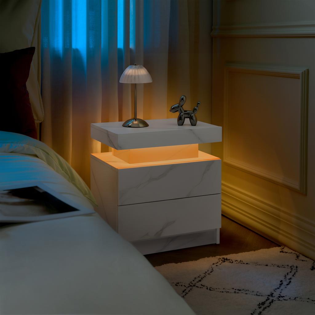 Nightstand LED Bedside Table Cabinet Lights Modern End Side with 2 Drawers for Bedroom (White Stone)