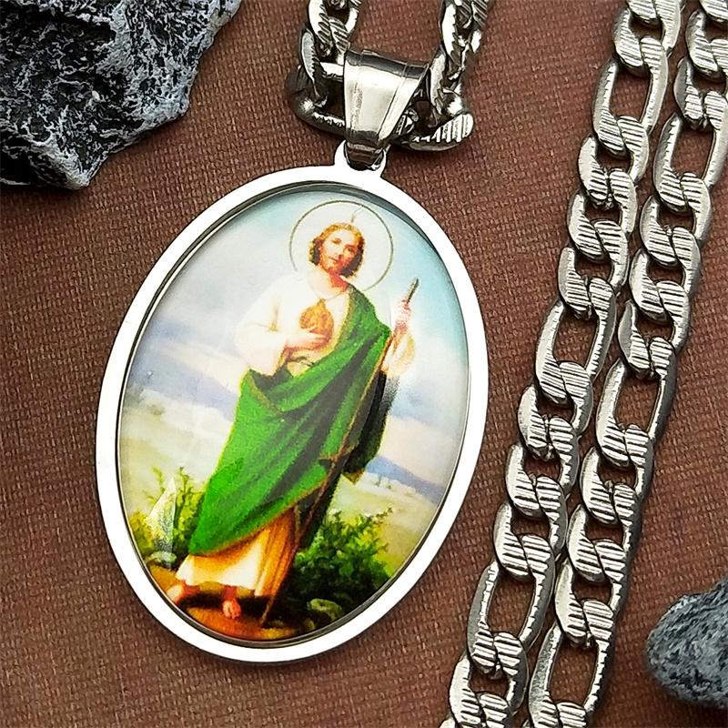 San Judas Tadeo Medal Pendant Necklace for Women Men Stainless Steel Gold Color Saints Apostle of Jesus Amulet Faith Jewelry