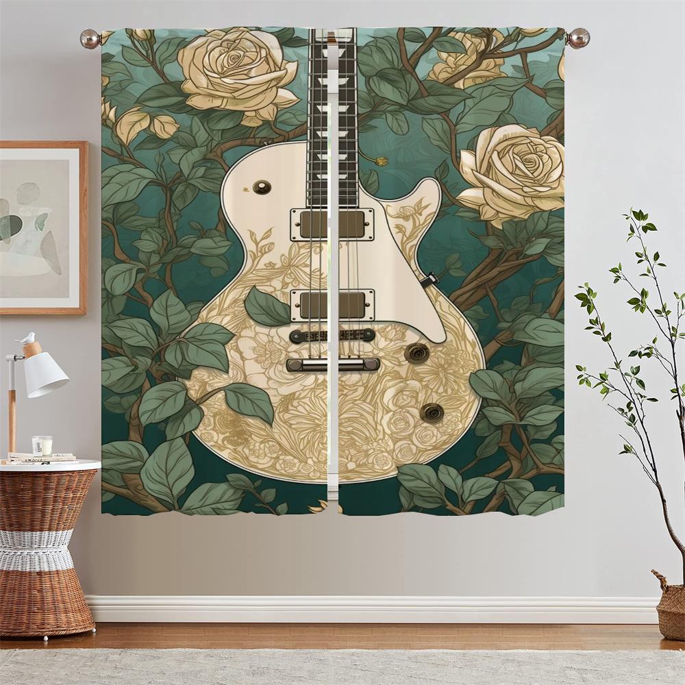 Electric Guitar Illustration Blackout Curtain Tiebacks Blind Kitchen Curtains 2 Pieces Window Curtains Home Living Room Curtain