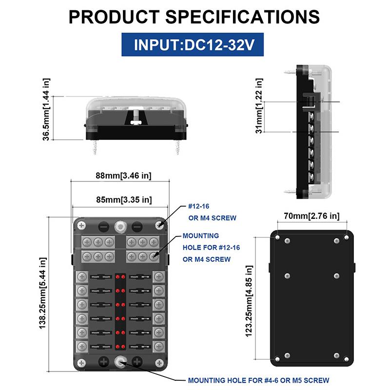 Car Boat Fuse Box Holder With 12 Way Blade Fuse Holder Block & Warning Indicator 12V~24V Power Distribution Panel Board