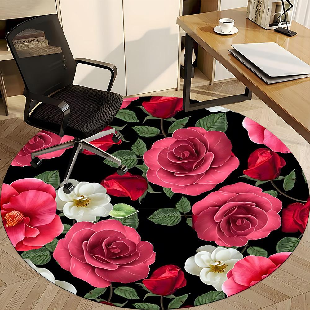 1 Stück Rose Blumenmuster Stuhlteppich für Büro, Runder Rutschfester Langlebiger Großer Büroteppich, Geeignet für Büro