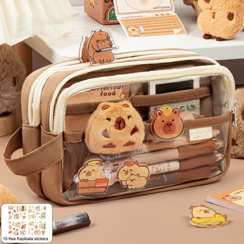 Clear Pencil Pouch With Cute Capybara Plush And Stickers Doll Pencil Pouch Cute Office Stationary Makeup Bag Cute Stationery Bag