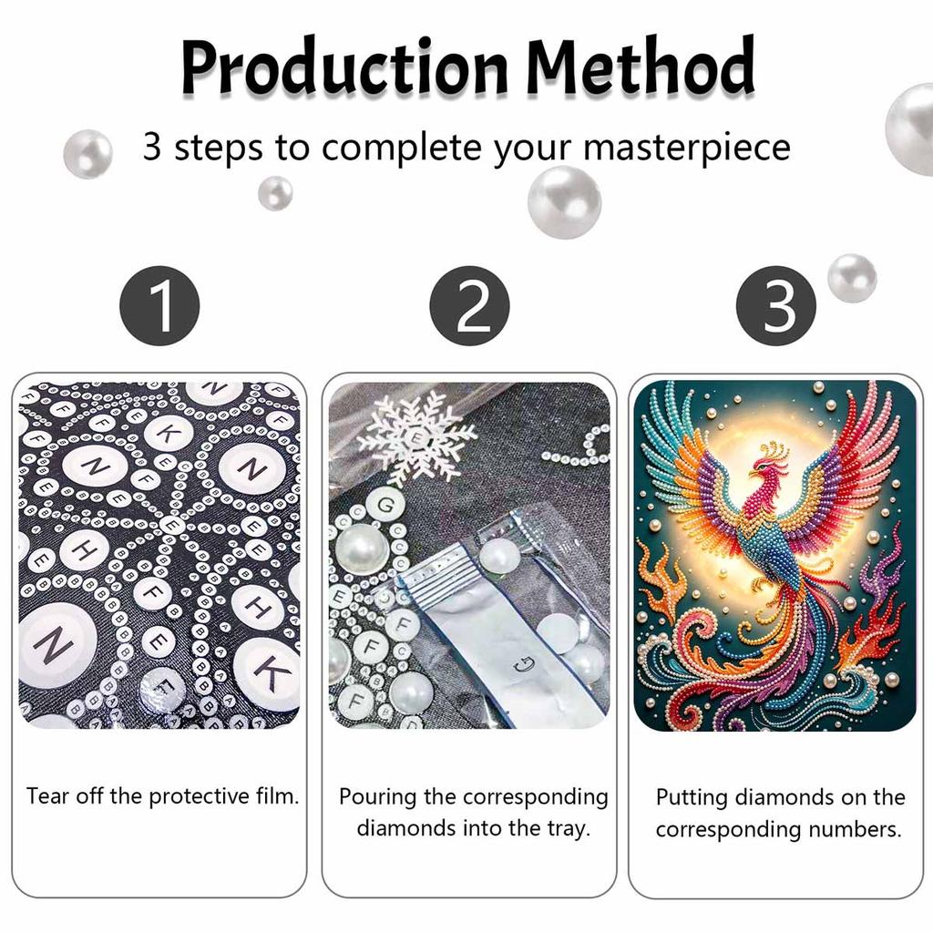 This Pearl Painting Kit Features 5D Pearl Colorful Phoenix Mosaic Art Style for Elegant Home Wall Decoration.