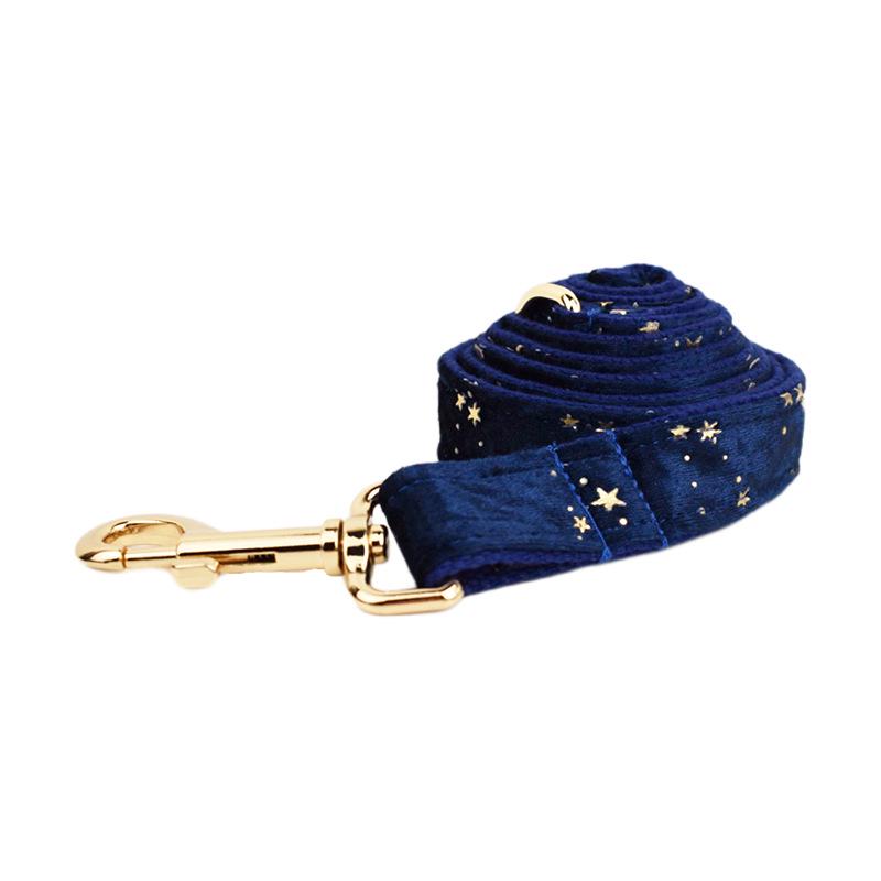 Dark Blue Star Plush Pet Collar with Leash, Bow, and Engravable Poop Bag Holder. XS