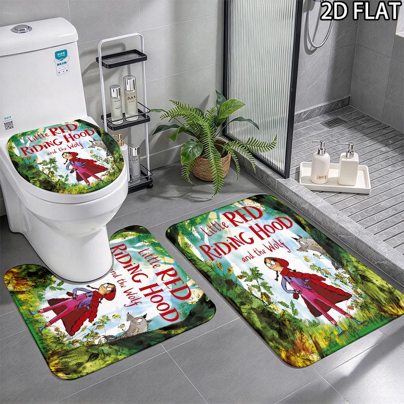 3pcs Revolting Rhymes Pattern Flannel Nonslip Absorbent Washable Decorative Bathroom Home Toilet Seat Cover Mat