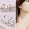 Women Shiny Rhinestone Flower Silver Plated Hoop Earrings Ear Clips for Party