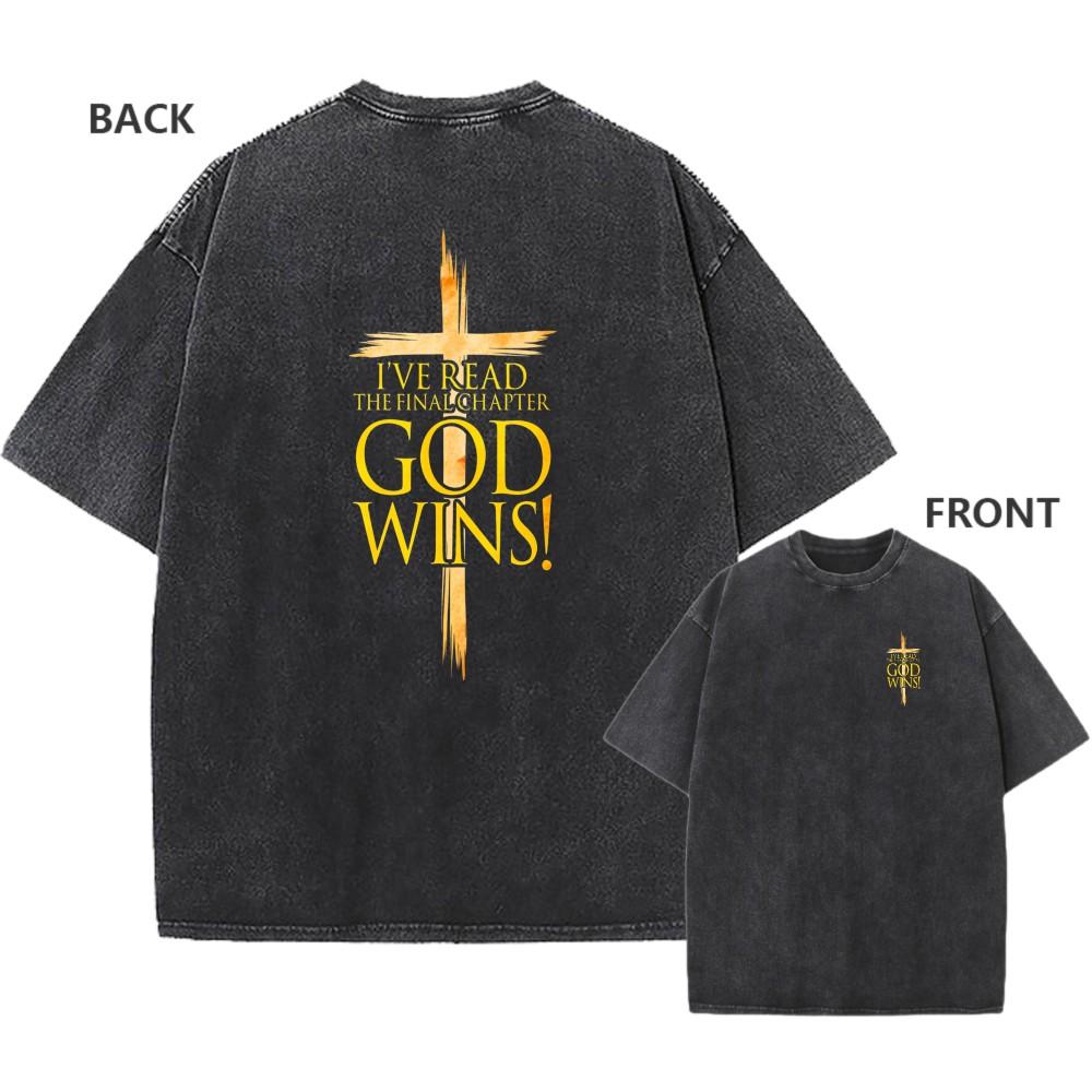 Mens Vintage Oversized Washed TShirt Cotton God Wins Faith Cross Casual Tee